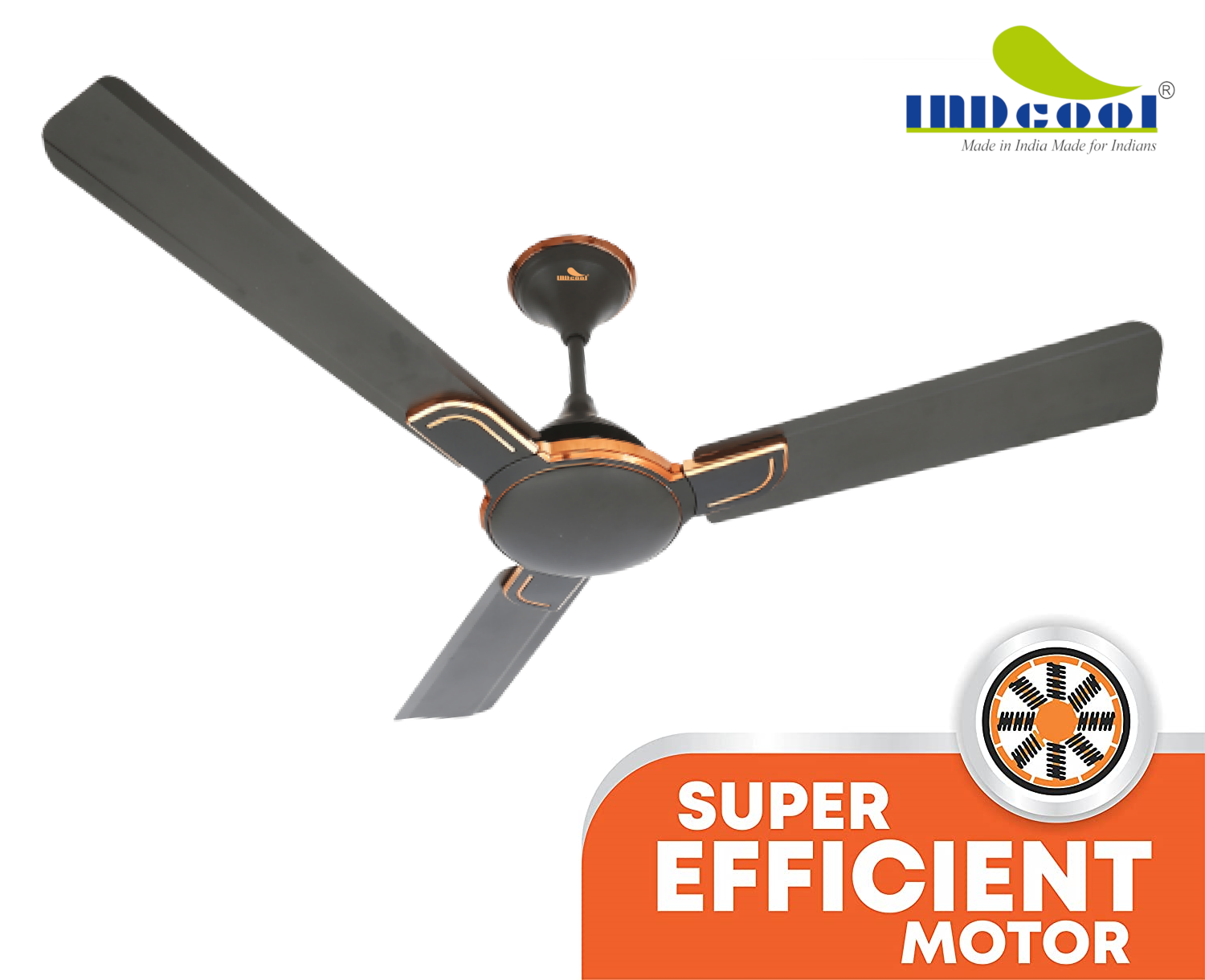 "INDcool Premium Ceiling Fan - Elegantly designed with premium finish, advanced motor technology, and remote control for a perfect blend of style and performance."
